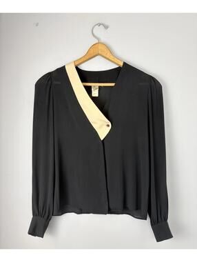 Vintage 90s Black Cream Contrast Detail Semi Sheer Chiffon Blouse Medium